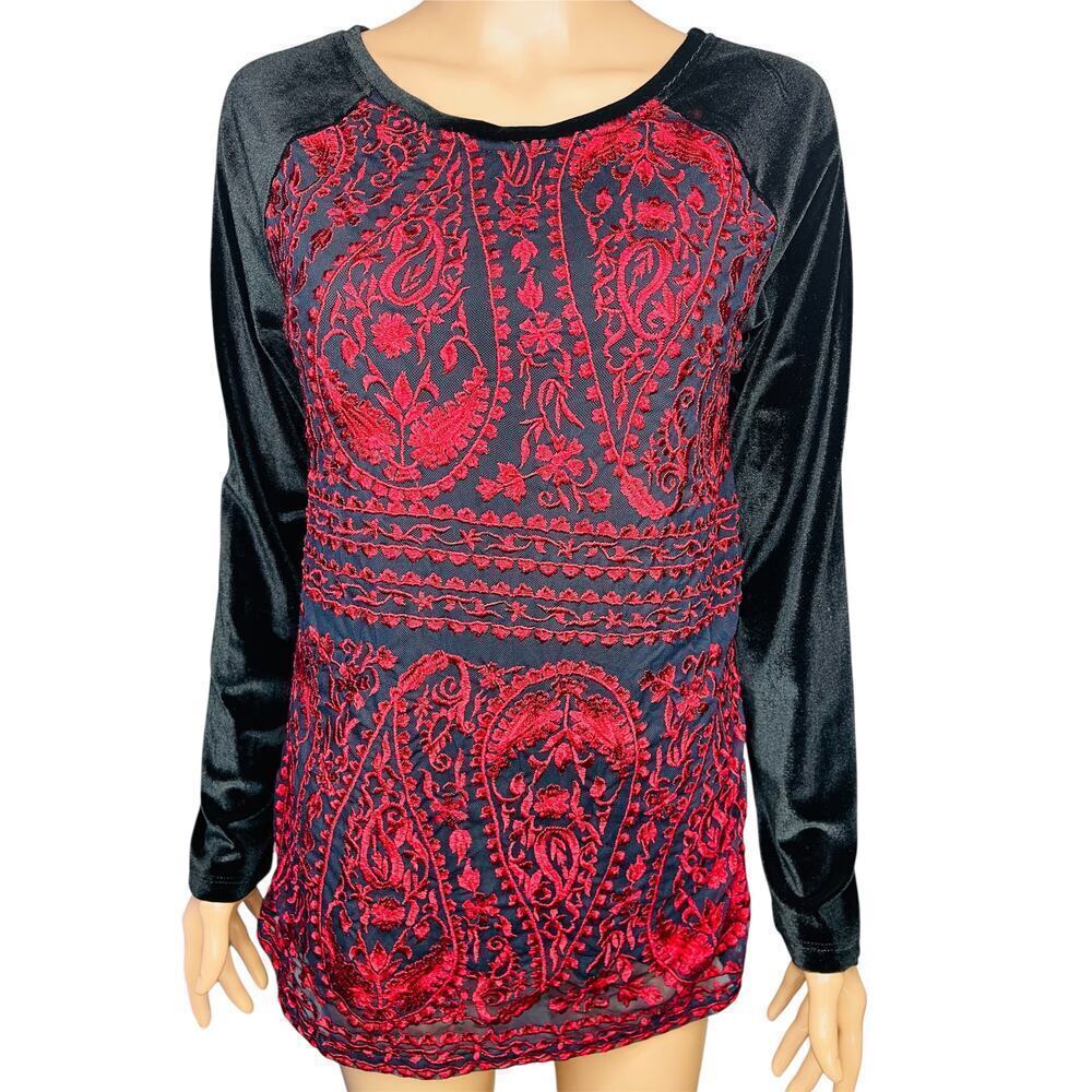 Sundance Enchantress New Velvet Long sleeve boho Top sz S embroidered black red - Picture 2 of 7
